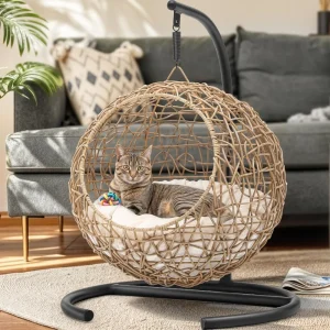 Cat Swing Bed with Stand & Cushion, Cat Egg Chair with Rattan Wicker Appearance, Indoor Hanging Swinging Cat Bed