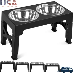 Elevated Dog Bowls with Adjustable Stand 5 Heights Includes 2 Stainless Steel Bowls Anti-slip Easy Clean Feeding Station