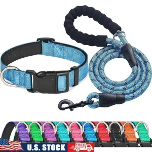 Adjustable Reflective Dog Collar Padded Neoprene Durable Nylon Small Medium Large Dogs with Bonus 5ft Leash