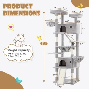 81in Multi-Level Tall Cat Tree Tower for Indoor Kitties/Larger Cat Condo Furniture with Hammock/Cozy Pussycat Perches