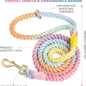 5FT Braided Cotton Dog Leash, Heavy Duty Clasp, Colorful Macaron, All Dog Sizes