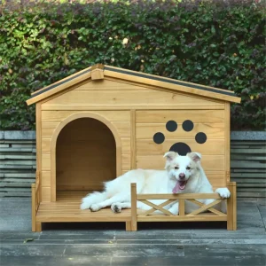 48" Wooden Dog House Outdoor with Porch, Dog Kennel with Water-Resistant Asphalt Roof and Fencing,Indoor & Outdoor Dog Crate